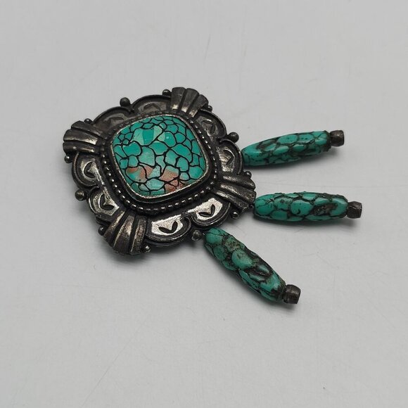 Vintage Parklane Silver Tone Turquoise Style Brooch With Dangle Beads - Picture 2 of 4